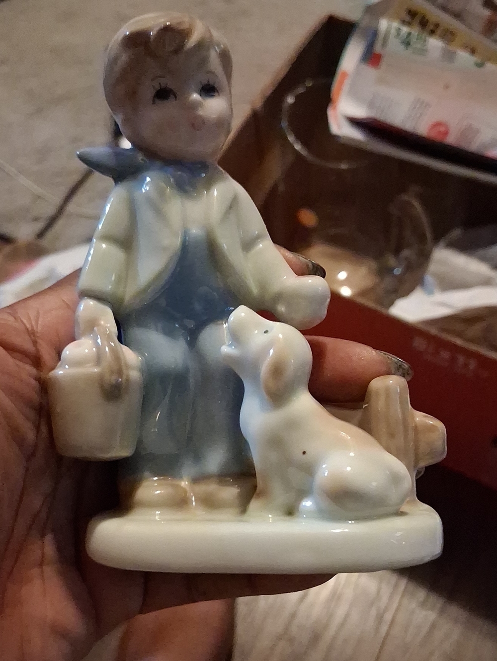 Vtg  Korea Boy and Dog Figurine Porcelain Blue and White Apple Picking